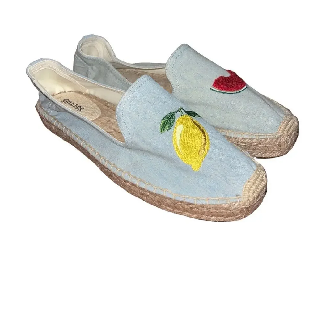 Soludos Lemon/Watermelon Platform Smoking Slipper Espadrille Chambray Size 8.5